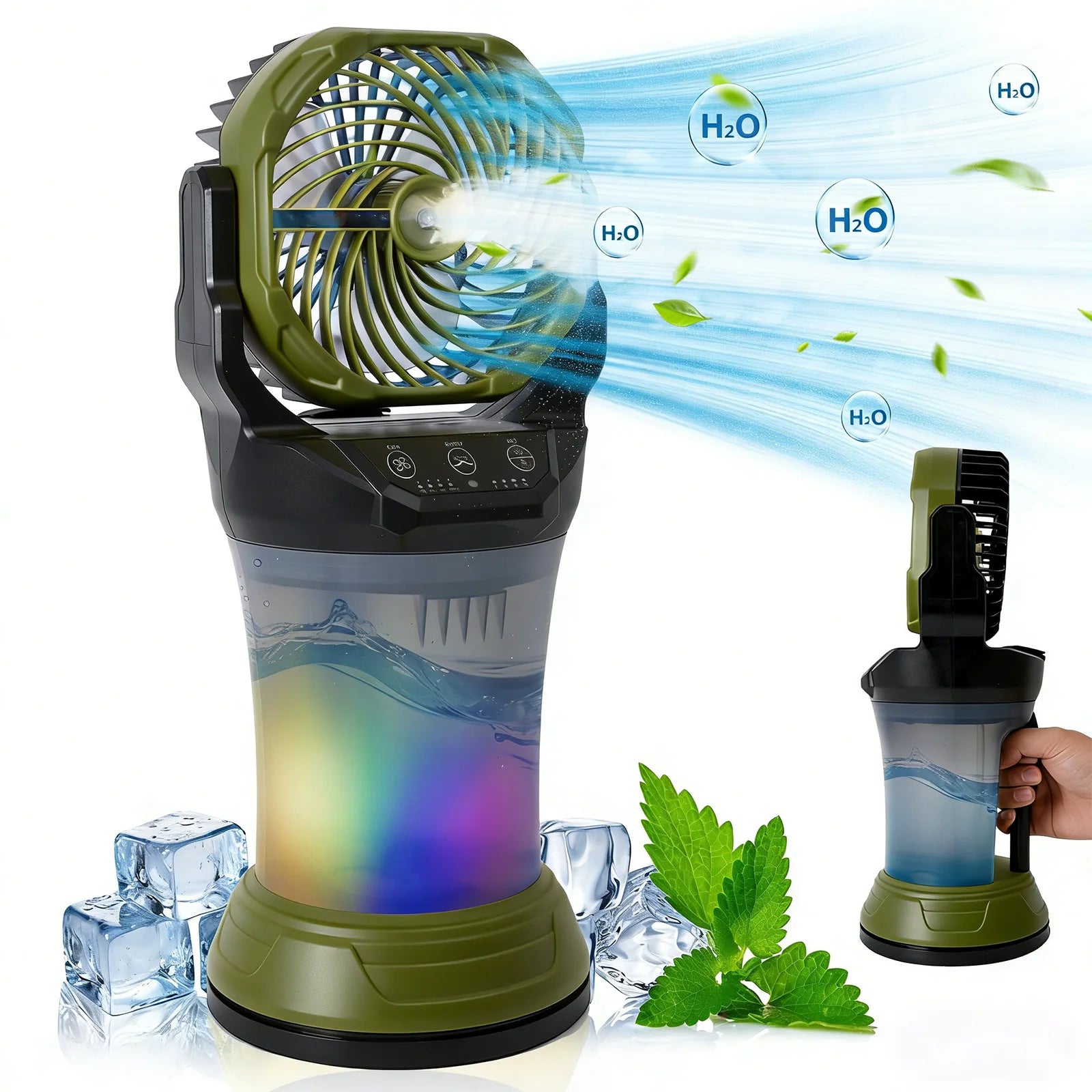 Ventilatore spray portatile con serbatoio d'acqua, 120 °   Oscillazione, luce RGB, telecomando, 3/4 velocità