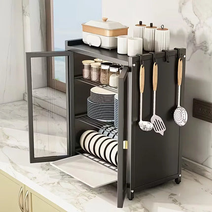 Mobiletto da cucina a 2/3 livelli con ante a ribalta, scaffale per microonde, porta spezie e bottiglie, porta piatti con cassetto a ribalta