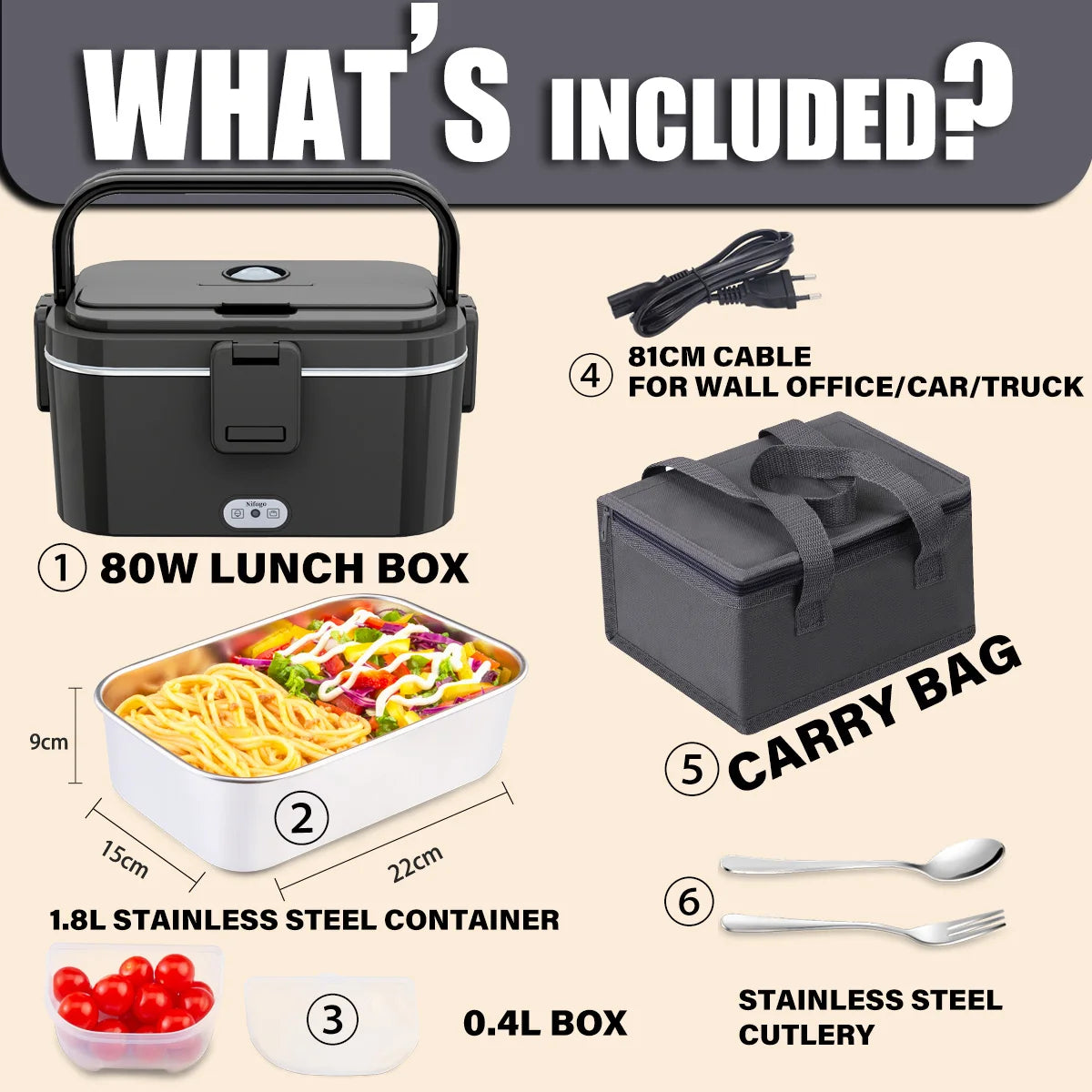 Tragbare Lunchbox für LKW und Büro, Doppelnutzung, 1,8 l großes Fassungsvermögen, 80 W Heizleistung, Bento-Box mit integrierter Heizung