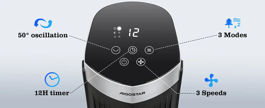 Aigostar Digitaler Turmventilator mit Fernbedienung/12-Stunden-Timer. 4 Modi und 3 einstellbare Geschwindigkeiten. 45W Leistung, 65° Oszillation, 93CM, für Zuhause und Büro, Schwarz