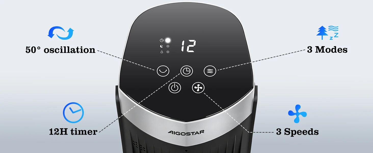 Aigostar Digitaler Turmventilator mit Fernbedienung/12-Stunden-Timer. 4 Modi und 3 einstellbare Geschwindigkeiten. 45W Leistung, 65° Oszillation, 93CM, für Zuhause und Büro, Schwarz