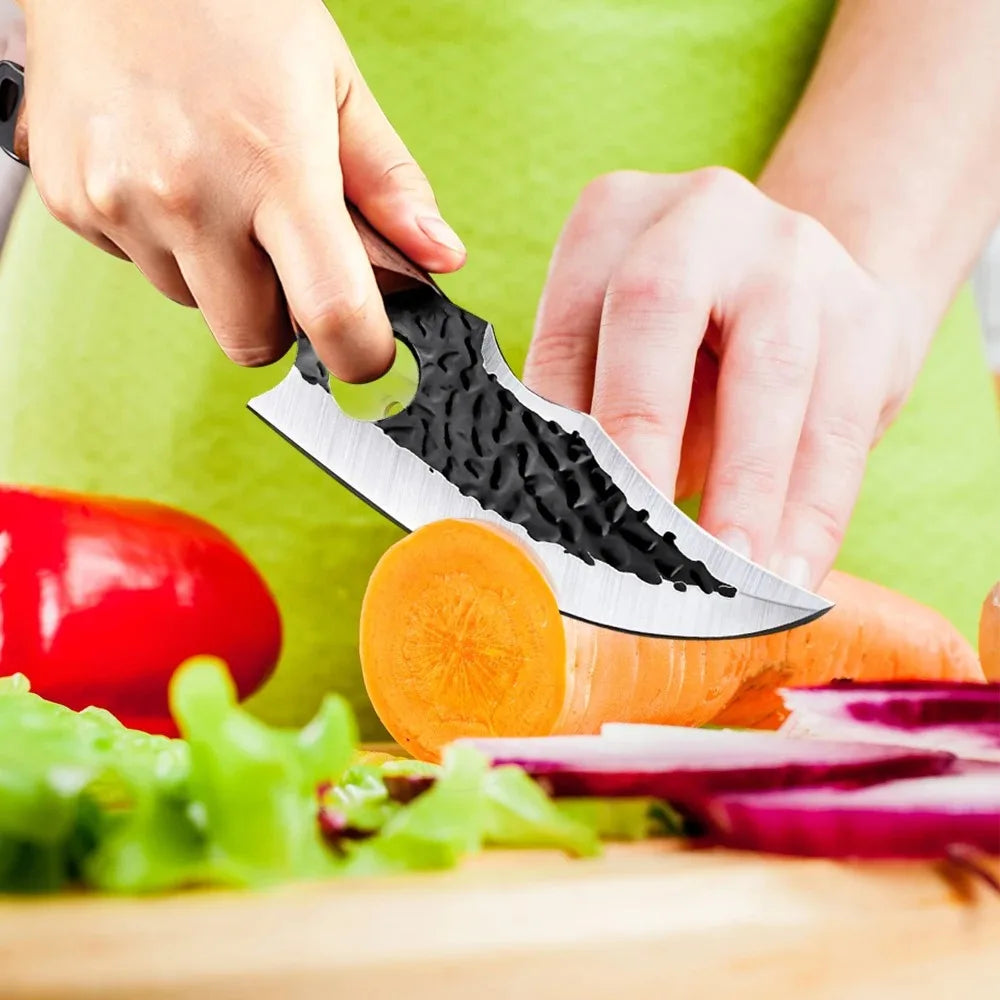 Gebogenes, beschichtetes Messer mit 3-Klingen-Design und Fingerloch, brauner Holzgriff, Geschenkbox für Küche, Kochen, Schneiden, Tranchieren