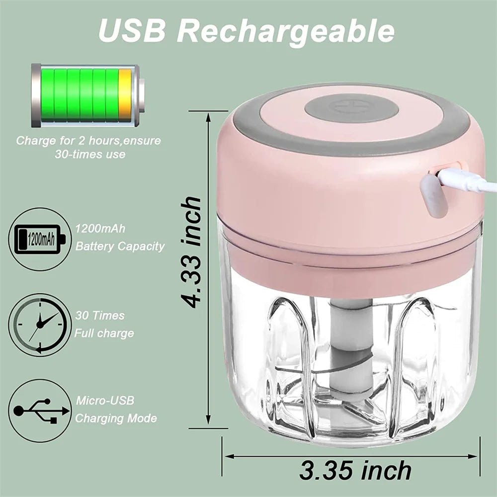 Mini-Elektrozerkleinerer für Knoblauch, tragbarer, kabelloser Gemüsemixer, USB-wiederaufladbarer Zwiebelhacker für Babynahrung, Chili, Kräuter