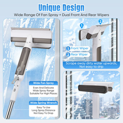 Double-sided external window brush with integrated water spray and squeegee, strong suction, for domestic use