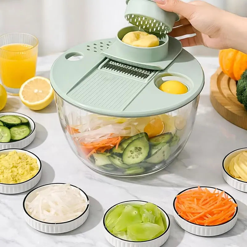 7-teiliges multifunktionales Salatschleuder-Set, Gemüsewascher, Gemüsehacker, Gemüseschneider, Reibe, Salatschüssel mit Deckel, Küchenhelfer