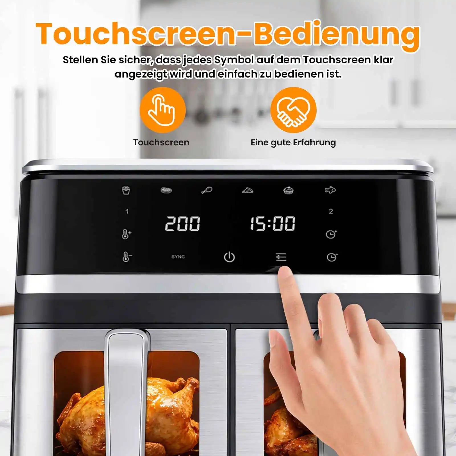 8-Liter-Heißluftfritteuse mit Sichtfenster, ölfreie 1400-W-Luftfritteuse, digitales Touch-Display, 8 Programme und XXL-Kapazität
