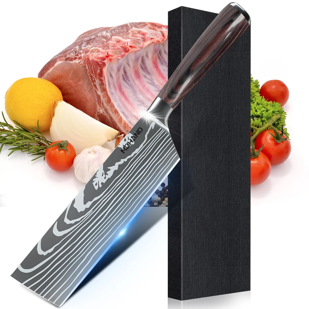 ZENG Professionelles 7-Zoll-Kochmesser – ultrascharf und langlebig, Edelstahl mit Holzgriff und lasergravierter Damast-Optik, mit Geschenkbox