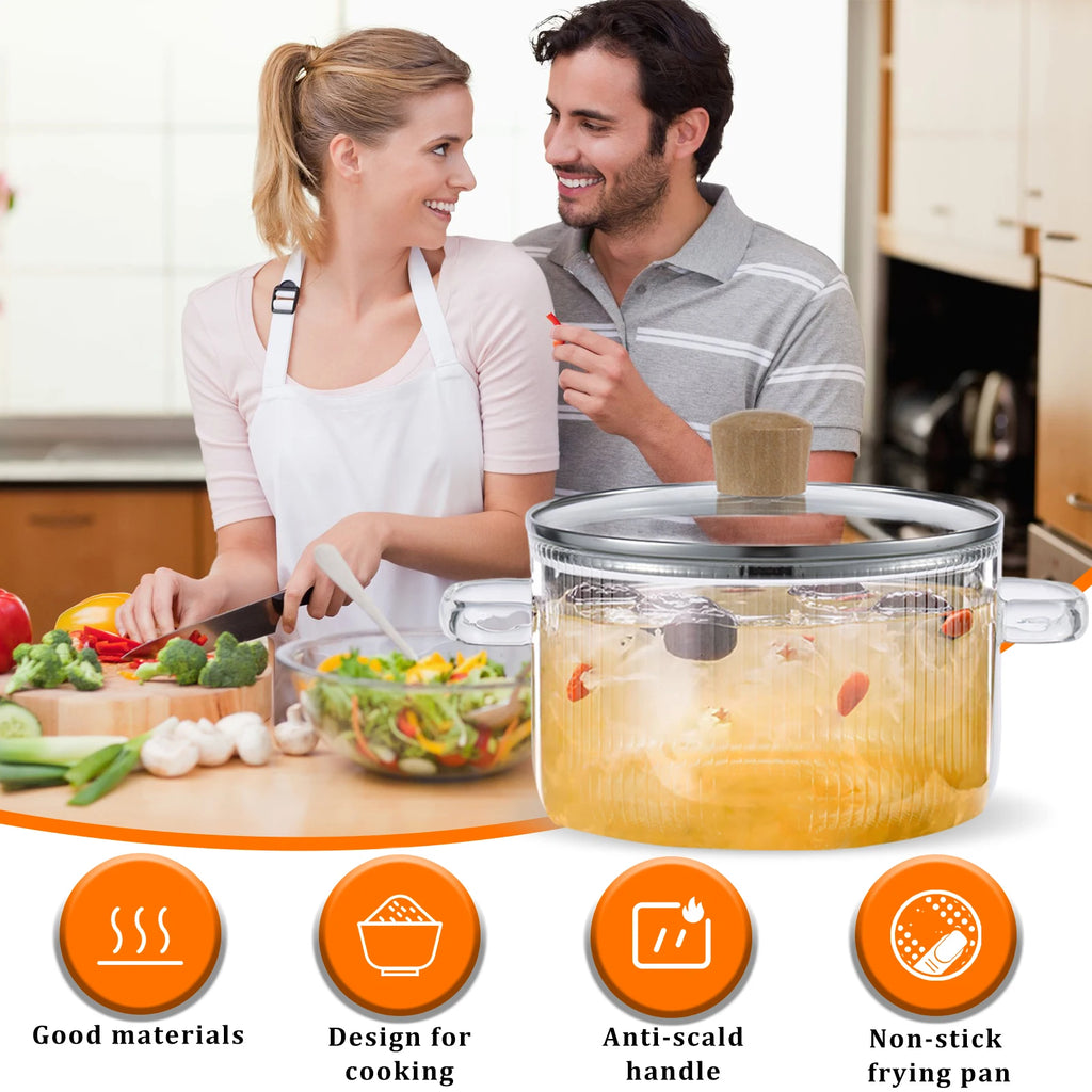 Glas-Topf mit Deckel Hitzebeständiger 1,6 l/54 Unzen Glas-Topf mit Doppelgriffen Antihaftbeschichteter Glas-Suppentopf Herdplatte