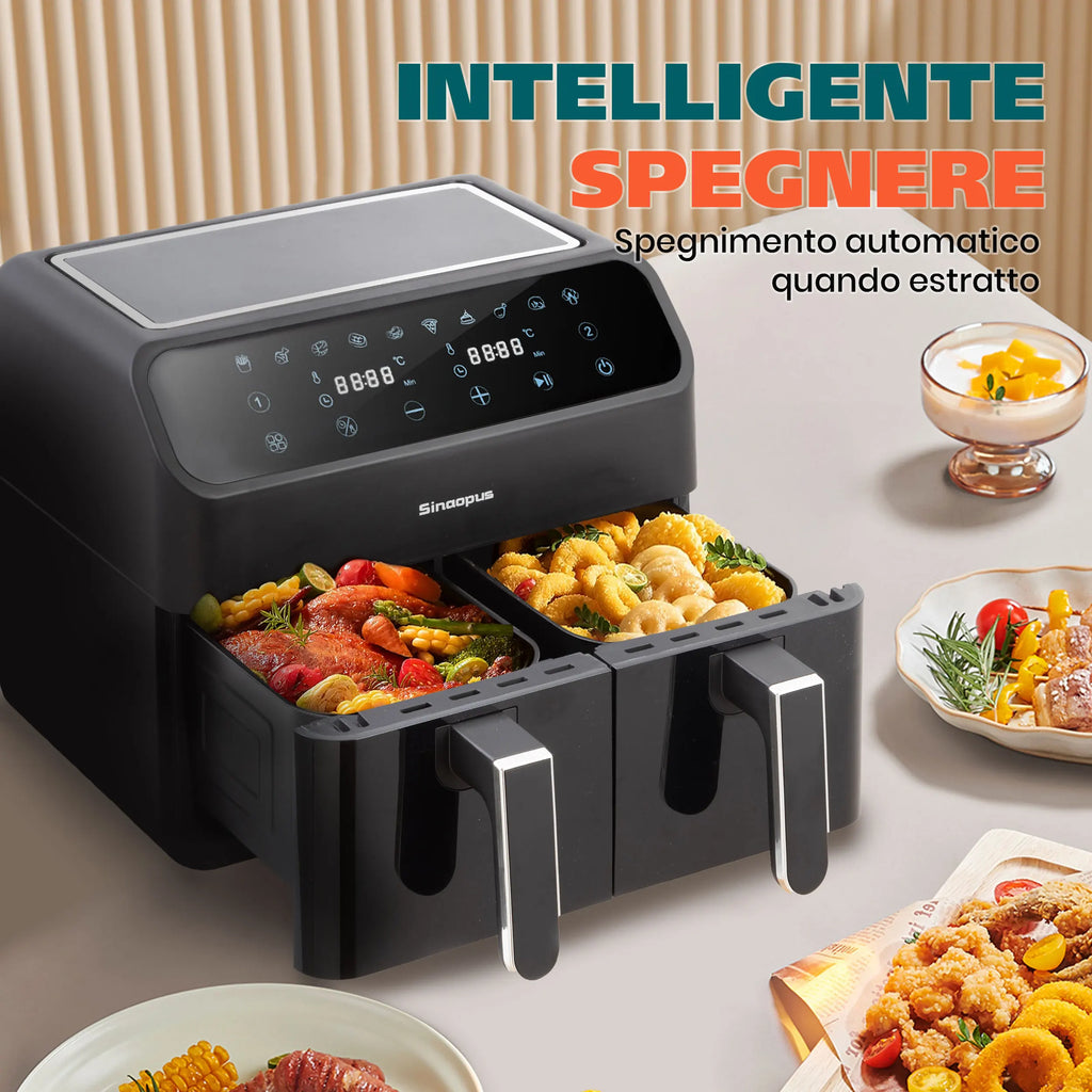 Sinaopus Friggitrice ad aria calda 2000W 9L XXL con doppio scomparto, timer, touchscreen LED, forno elettrico senza olio, formato famiglia