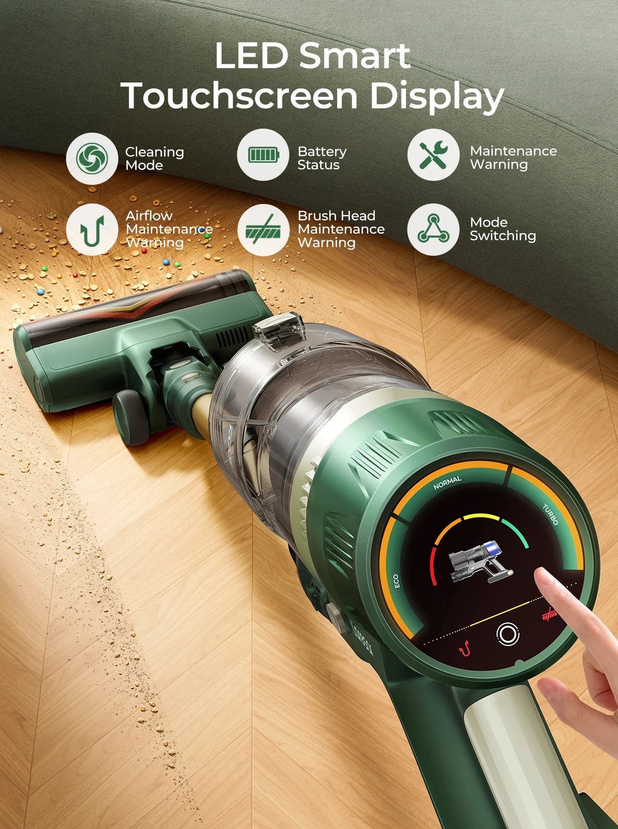 Laresar V12 Kabelloser Staubsauger, Leistungsstark 600W 65000PA, 2H Schnellladung, Abnehmbarer Akku und Smart Display