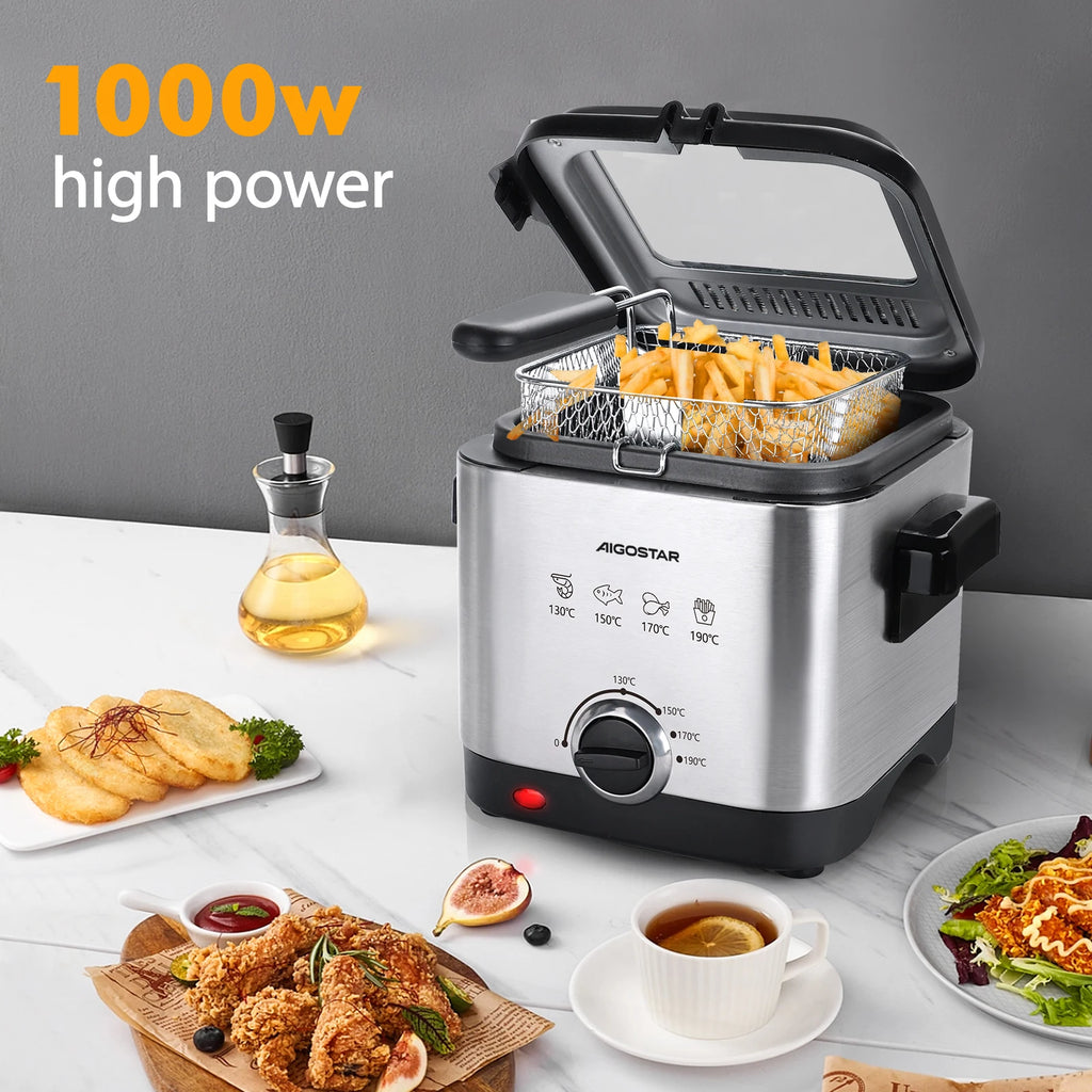 Aigostar Fries 30IZD 1.5L Friggitrice Compatta in Acciaio Inossidabile 1000W con Finestra di Visualizzazione e Controllo Temperatura