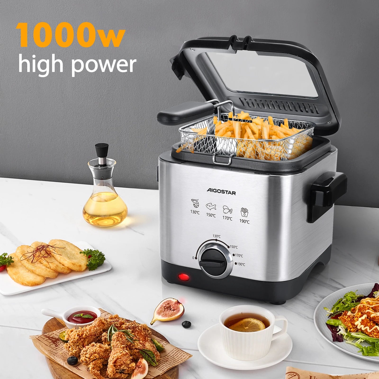 Aigostar Fries 30IZD 1.5L Friggitrice Compatta in Acciaio Inossidabile 1000W con Finestra di Visualizzazione e Controllo Temperatura