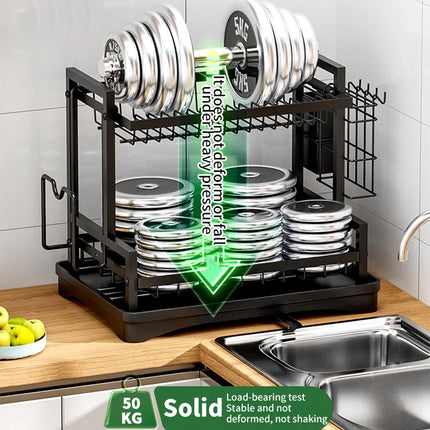 Space-saving 2-tier dish rack with cutlery holder and storage box with removable drip tray for apartment kitchen