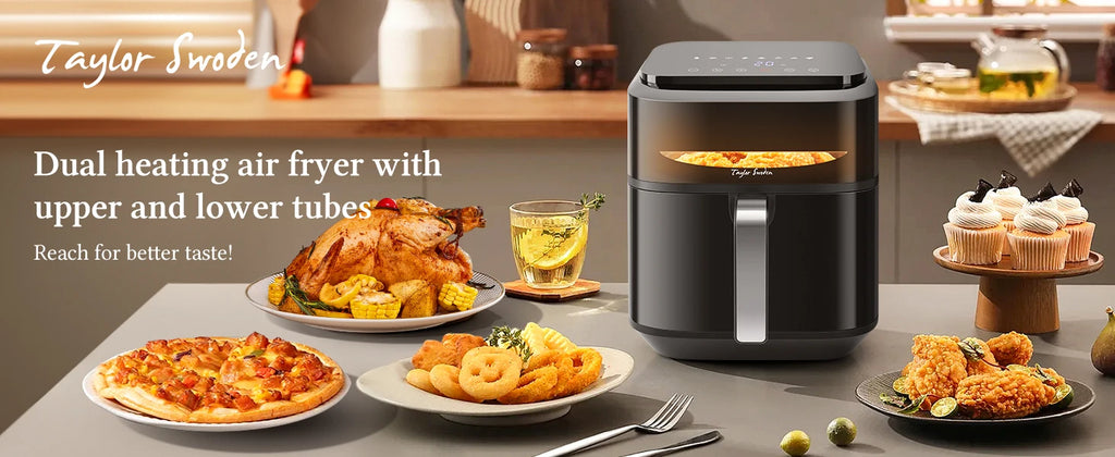 Friggitrice ad aria 6,5 L XXL doppia resistenza 8 funzioni finestra visualizzazione griglia antiaderente Taylor Swoden nera