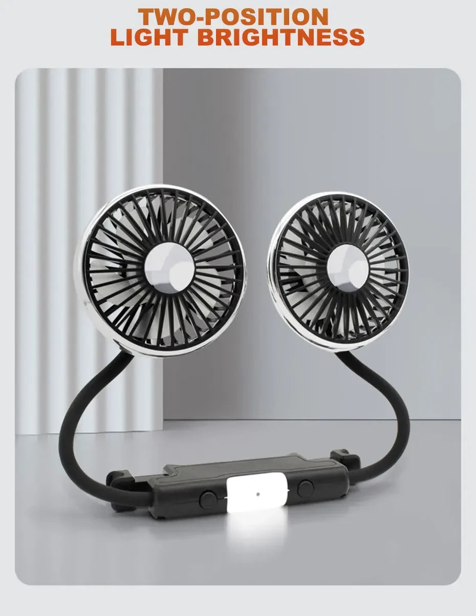 Ventilatore portatile USB a doppia testa regolabile con interruttore indipendente, 3 velocità 360° °   Ventilatore da Poggiatesta per Auto, per Casa e Sedile Posteriore