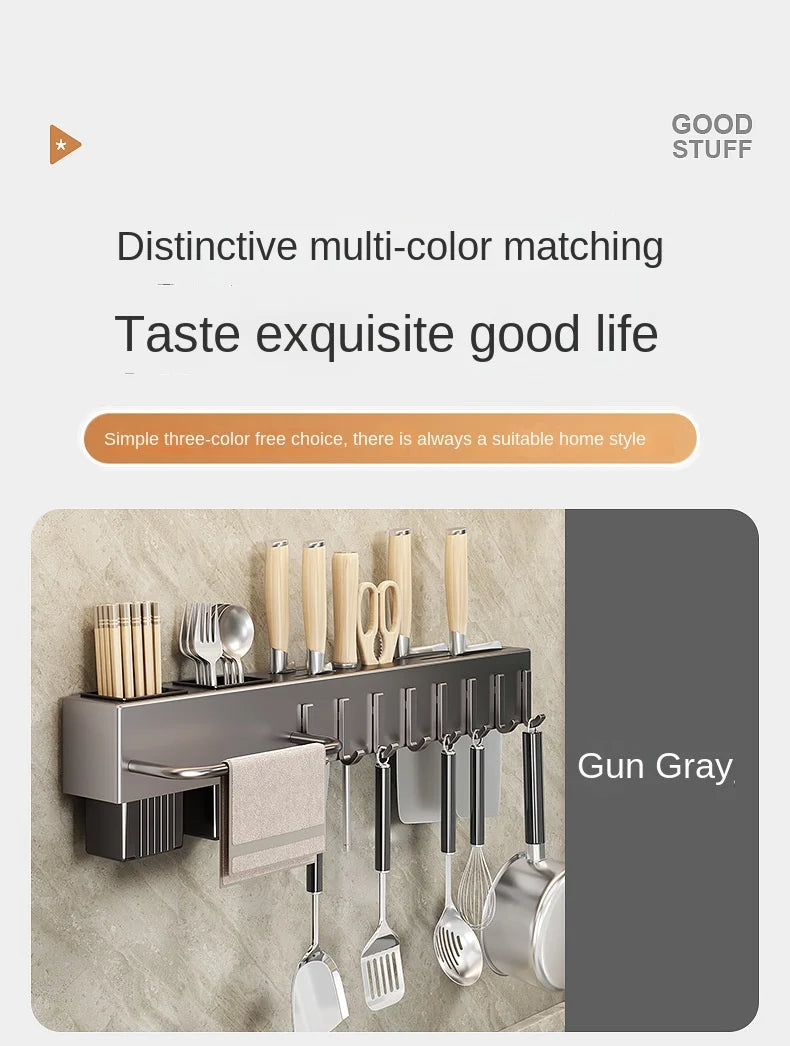 Mensola da cucina senza attrezzi, accessori da cucina, tubo per bacchette multifunzionale a parete, deposito per coltelli e attrezzi