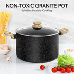 Pentola antiaderente Pentola per zuppa grande in granito da 5 litri Pentola per pasta con coperchio in vetro Pentole a induzione Pentole da cucina Nero