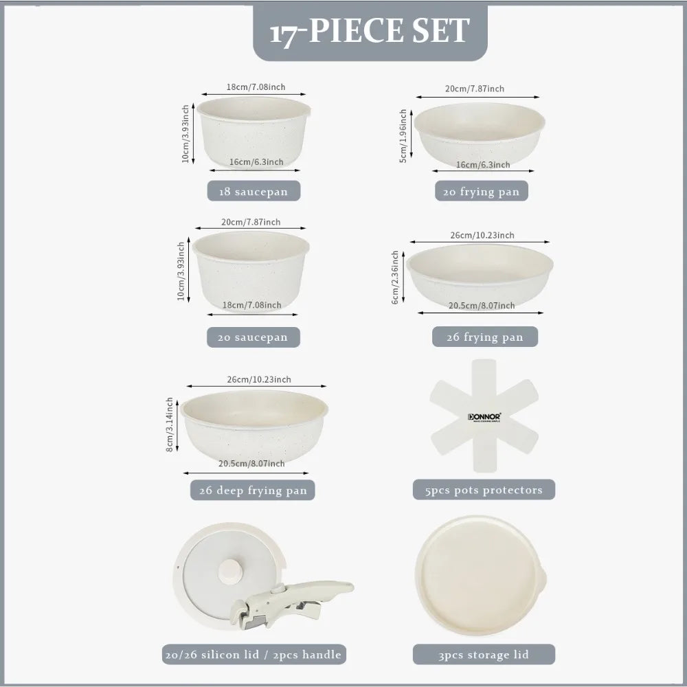 DONNOR 17 Pezzi Set Pentole e Padelle in Alluminio Pressofuso Set di Pentole Antiaderenti Utensili da Cucina Lavabile in Lavastoviglie Supporto a Induzione