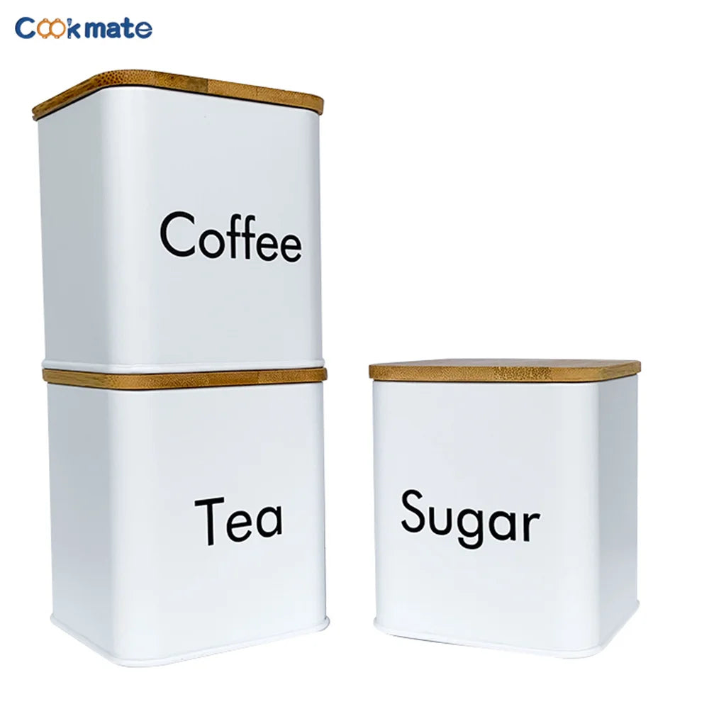 Set di Contenitori Ermetici in Metallo per Caffè, Tè e Zucchero con Coperchi in Bambù, 3 Barattoli per Piano di Lavoro