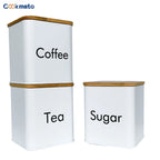 Set di Contenitori Ermetici in Metallo per Caffè, Tè e Zucchero con Coperchi in Bambù, 3 Barattoli per Piano di Lavoro