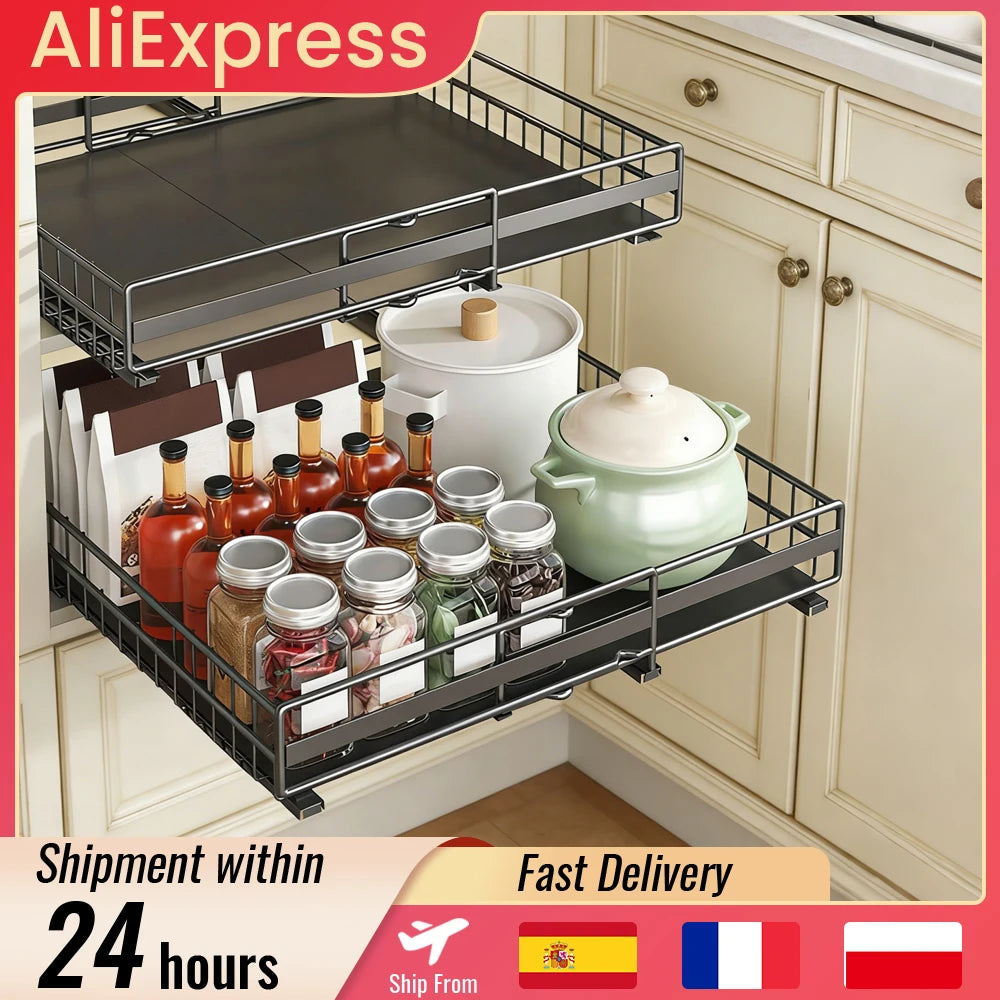 2 Pezzi Organizzatore Estraibile per Armadietto da Cucina, Senza Foratura, Cassetti Scorrevoli Espandibili per Cucina, Dispensa, Bagno