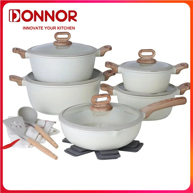 DONNOR 15/16-teiliges Topfset Antihaft-Bratpfanne 15/16-teiliges Kochgeschirr Milchkännchen Suppentopf Küchenset Gasherd Induktionsherd