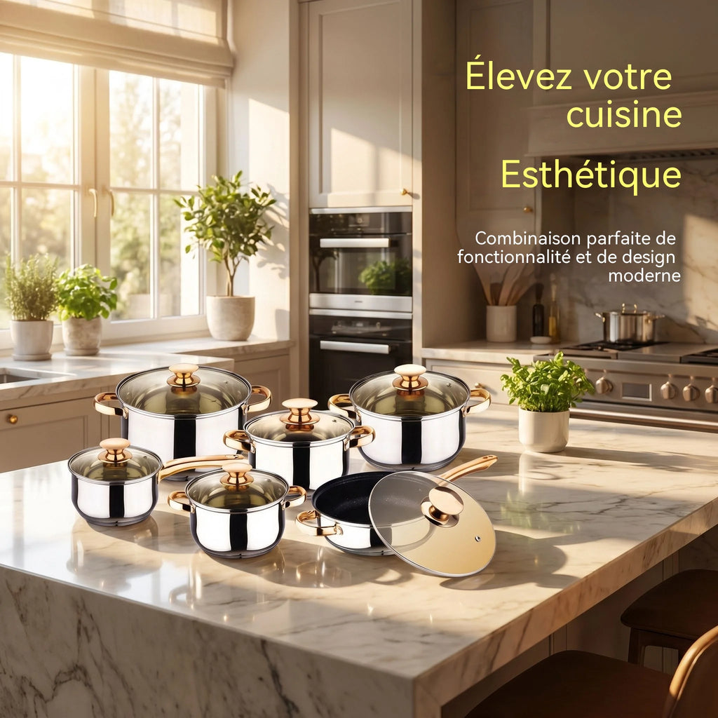 Set di 6 casseruole in acciaio inox per alimenti, con fondo a 5 strati, colore oro, ideali per cucinare, friggere e preparare zuppe.