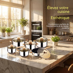 Set di 6 casseruole in acciaio inox per alimenti, con fondo a 5 strati, colore oro, ideali per cucinare, friggere e preparare zuppe.