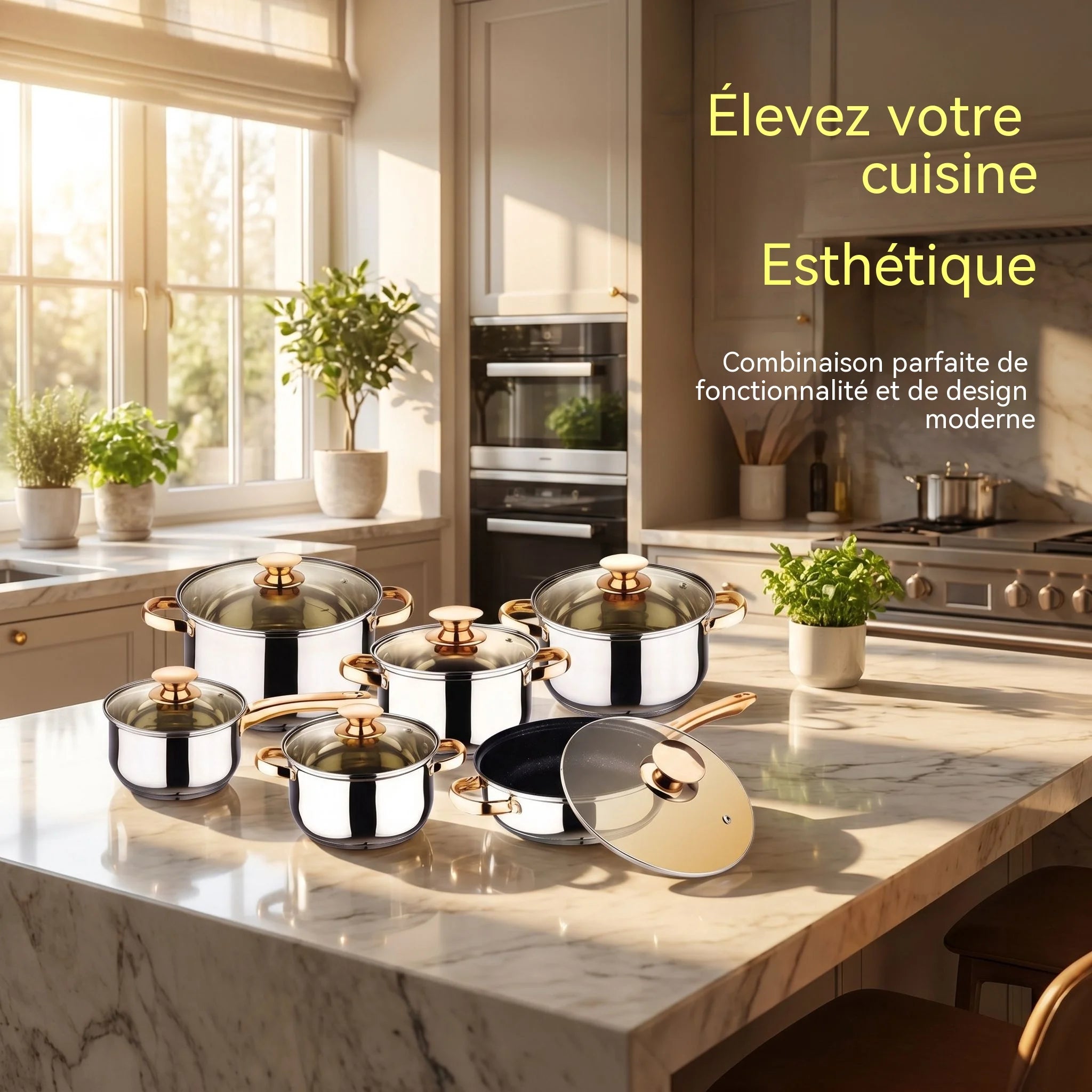 Set di 6 casseruole in acciaio inox per alimenti, con fondo a 5 strati, colore oro, ideali per cucinare, friggere e preparare zuppe.