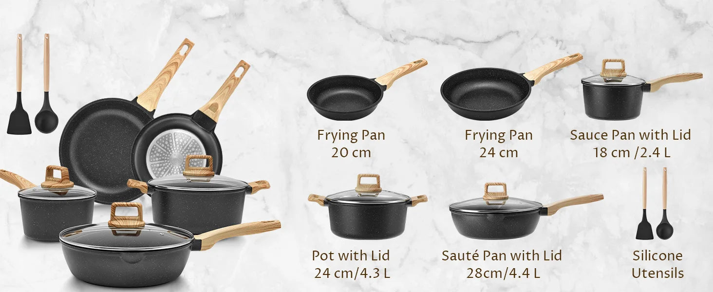 Set di padelle per piano cottura a induzione 10 pezzi, set di pentole e padelle antiaderenti, set di pentole da cucina con coperchi, granito, senza PFAS