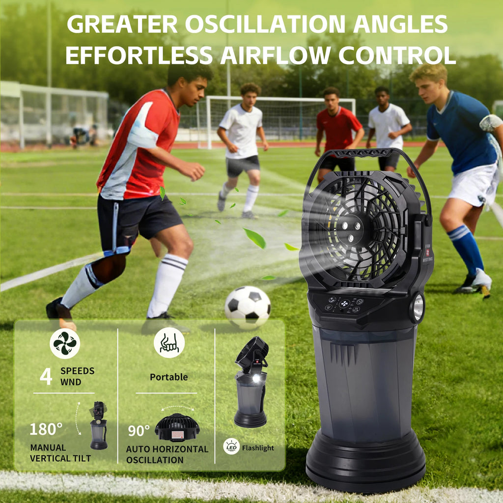 Ventilatore da campeggio per esterni da 15000 mAh con funzione spray, 4 velocità, luce LED e torcia, nero/arancione/verde