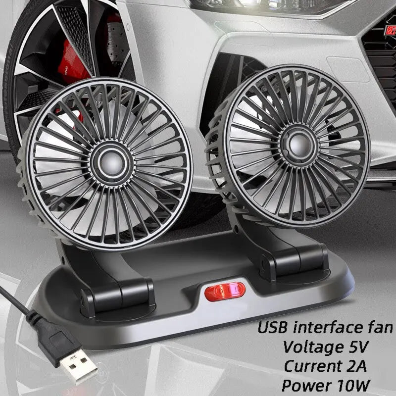 Ventilatore USB 5V, Ventilatore per Auto 12V a Doppia Testa, 2 Velocità Regolabili, Raffreddatore d'Aria Silenzioso per Interni Auto, Accessorio Essenziale per l'Estate