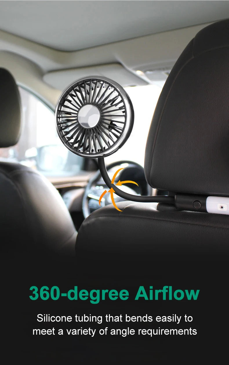 Ventilatore di raffreddamento per sedile auto EAFC a 3 velocità, ricarica USB, doppia testa, illuminazione LED, rotazione a 360 gradi, raffreddatore per il collo, per uso domestico e viaggi
