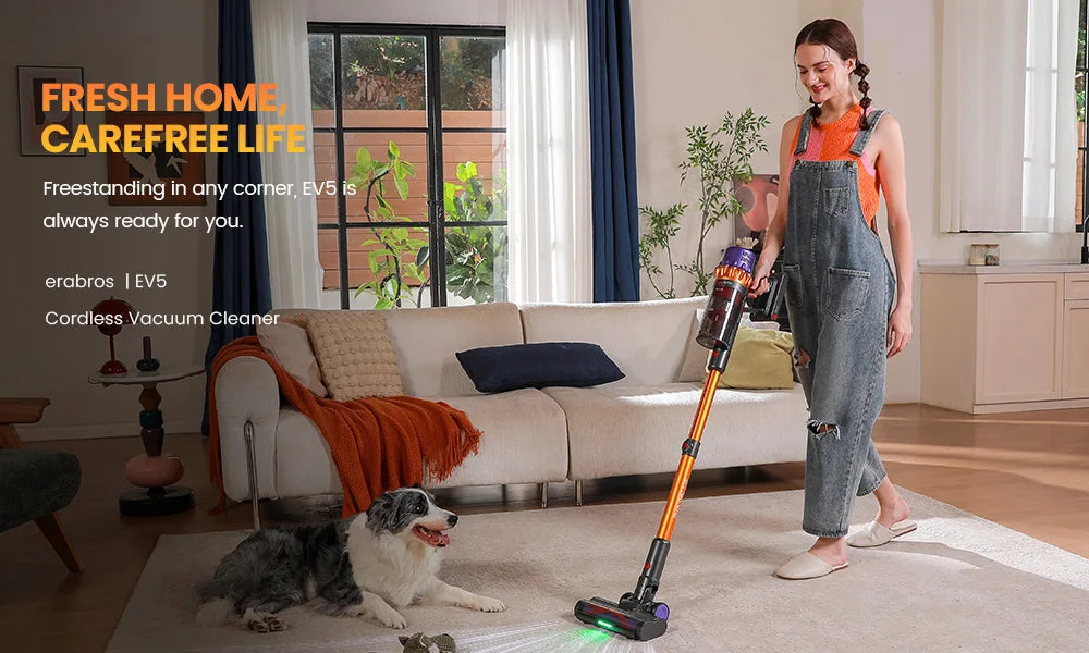 Erabros EV5 550W 70KPA Cordless Vacuum Cleaner with Ultra-Strong Suction Power, 80 Minutes Runtime, Smart Handheld Vacuum with 4 Modes