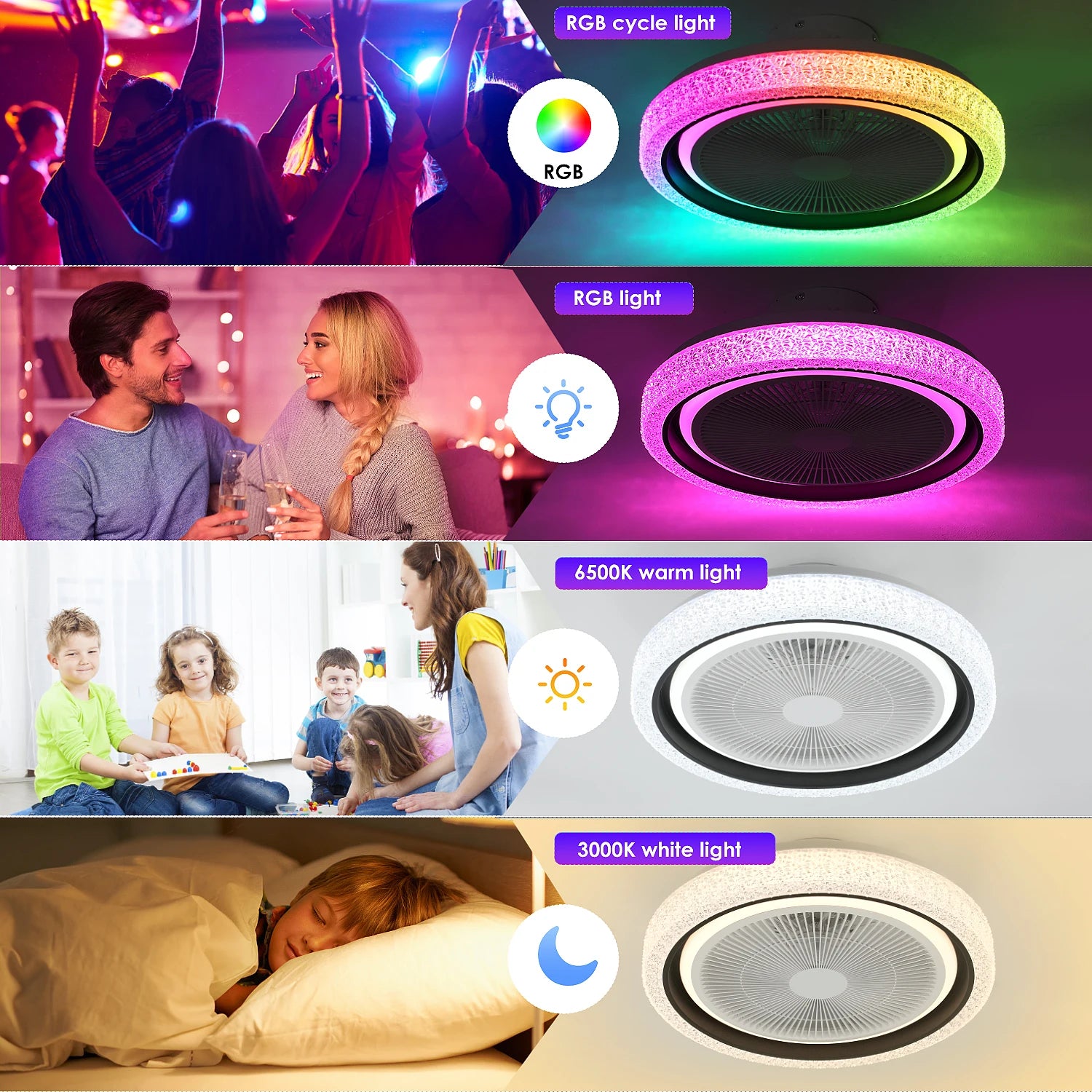 Ventilatore da soffitto intelligente da 40 W, 50 cm, con modalità musica e APP |   RGBCW Telecomando silenzioso per camera da letto, soggiorno, sala da pranzo, cucina