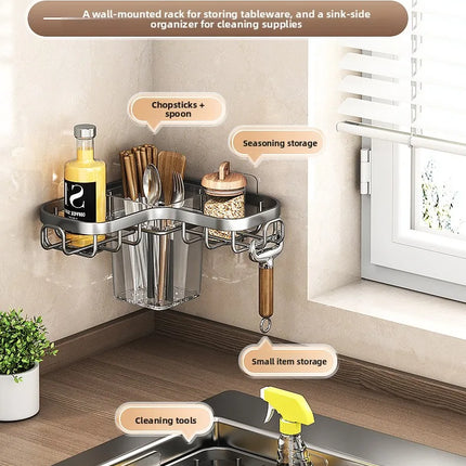 Carbon Steel Kitchen Sink Drain, Wall-Mounted Corner Rag Storage Rack, No Drilling, Waterproof Space Saver