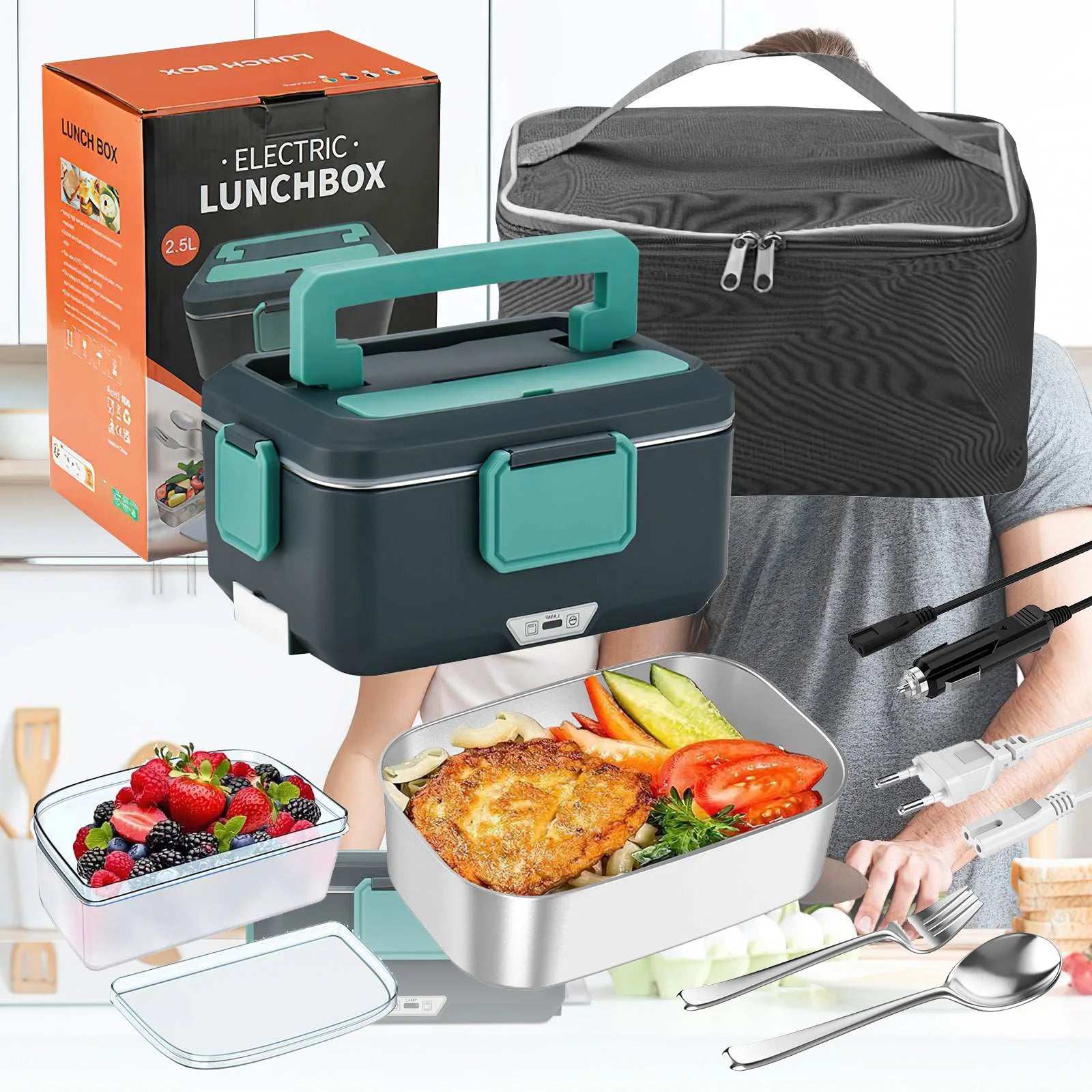 Large 3-in-1 Electric Lunch Box, 2.5L Portable Electric Heating Bowl, Dual Car & Home Electric Lunch Box with Insulated Bag, Fork & Spoon