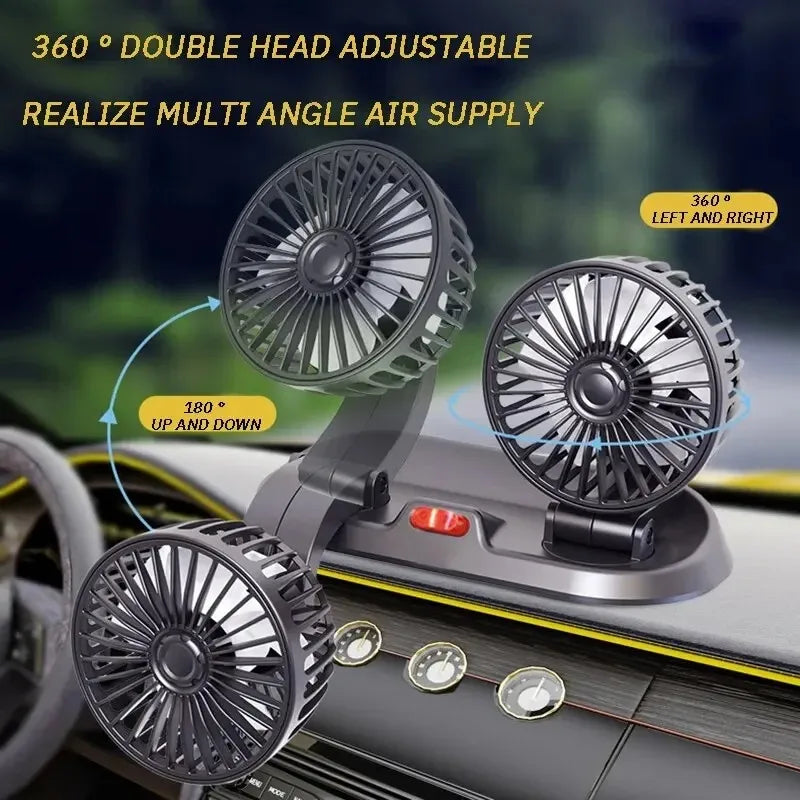 Ventilatore per auto EAFC 5V 12V a doppia testa con raffreddamento ad aria a 360° °   Mini ventilatore portatile USB regolabile per auto, accessori per auto a basso rumore