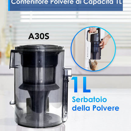 Tineco A30S, Cordless Vacuum Cleaner, 160W Suction, 60-Minute Run Time, 1L Dust Tank, ZeroTangle Brush, PureCyclone Technology, LED Light