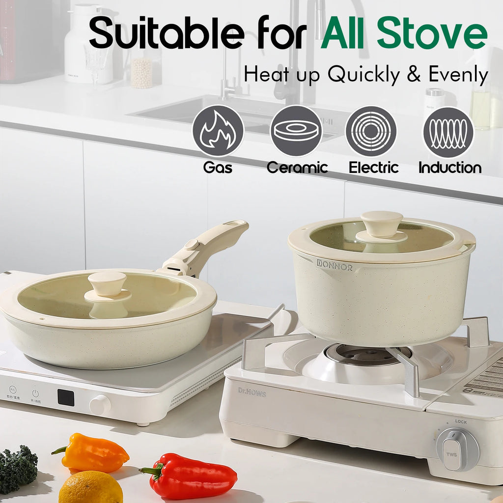 DONNOR 17 Pezzi Set Pentole e Padelle in Alluminio Pressofuso Set di Pentole Antiaderenti Utensili da Cucina Lavabile in Lavastoviglie Supporto a Induzione