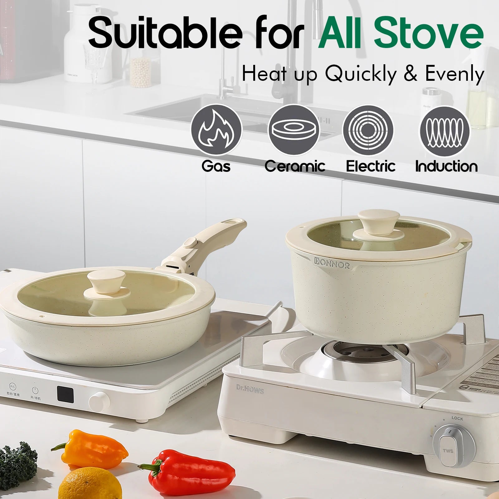 DONNOR 17 Pezzi Set Pentole e Padelle in Alluminio Pressofuso Set di Pentole Antiaderenti Utensili da Cucina Lavabile in Lavastoviglie Supporto a Induzione