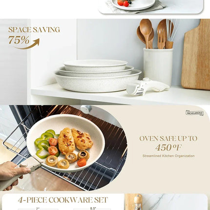 MICHELANGELO Set 3 Padelle Antiaderenti con Manico Rimovibile, Rivestimento Antiaderente Color Crema, Padelle Atossiche per Cottura a Forno