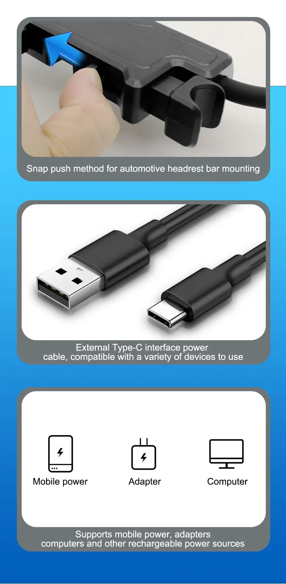 Ventilatore portatile USB a doppia testa regolabile con interruttore indipendente, 3 velocità 360° °   Ventilatore da Poggiatesta per Auto, per Casa e Sedile Posteriore