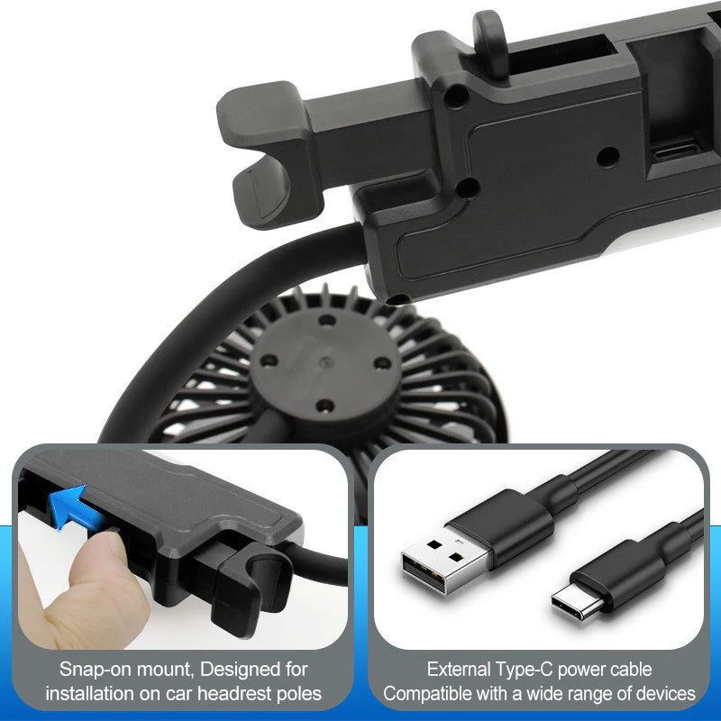 Ventilatore di raffreddamento per sedile auto EAFC a 3 velocità, ricarica USB, doppia testa, illuminazione LED, rotazione a 360 gradi, raffreddatore per il collo, per uso domestico e viaggi