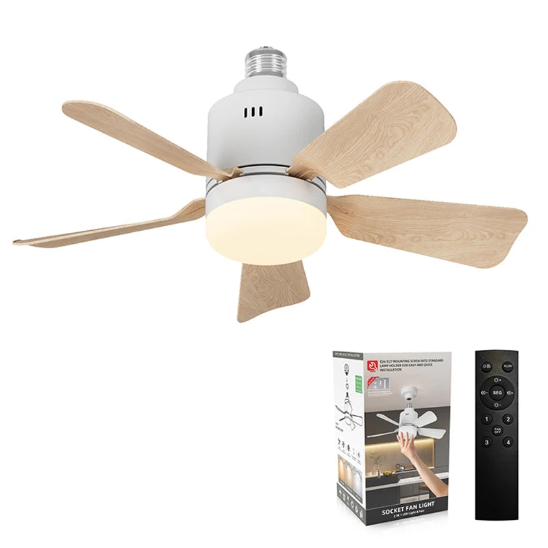 Ventilatore da soffitto E27 con luce, 4 velocita, 3 temperature di colore, telecomando, bianco/legno