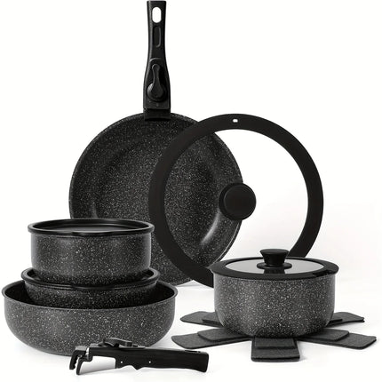 Set di pentole e padelle antiaderenti da 15 pezzi, set di pentole con manico staccabile, set da cucina antiaderente per camper, manici rimovibili,