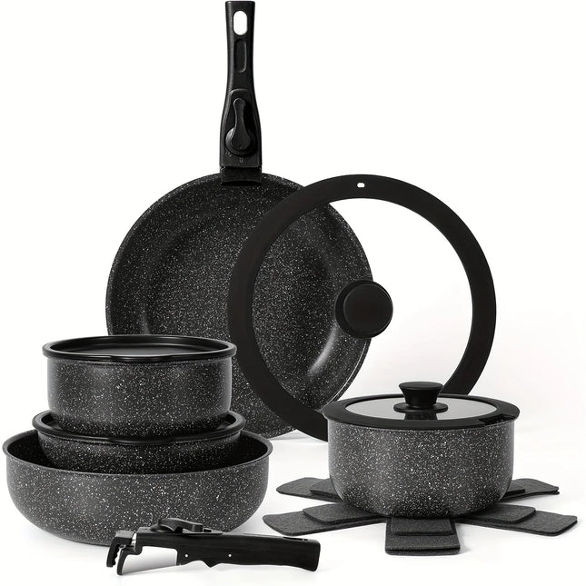 Set di pentole e padelle antiaderenti da 15 pezzi, set di pentole con manico staccabile, set da cucina antiaderente per camper, manici rimovibili,