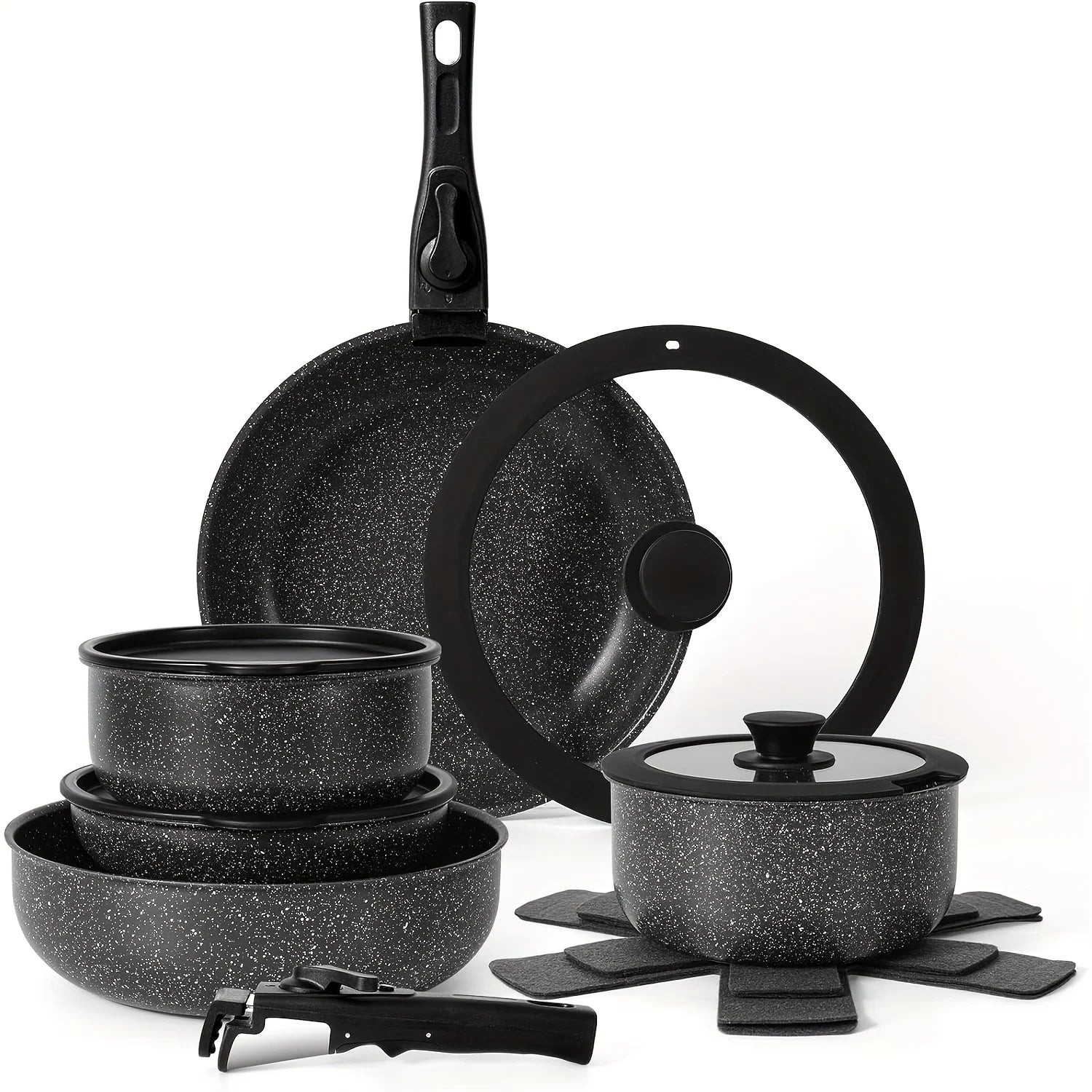 Set di pentole e padelle da 15 pezzi antiaderenti, set di pentole con manico staccabile, set da cucina antiaderente per camper, manici rimovibili,