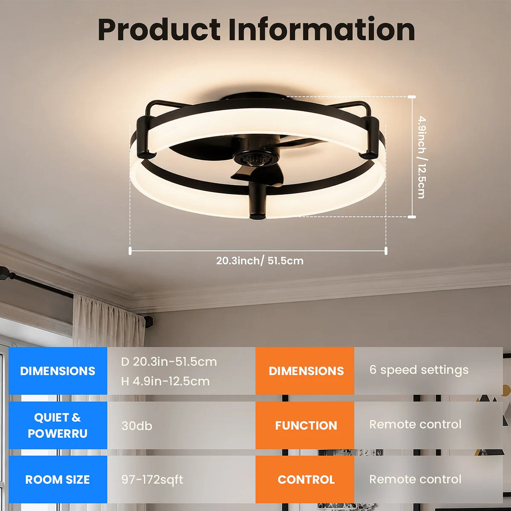 Ventilatore da soffitto rotondo Aiopp Ultra Quiet LED con luce e telecomando, 6 velocità, dimmerabile, motore DC reversibile, a basso profilo, per camera da letto, casa, cucina