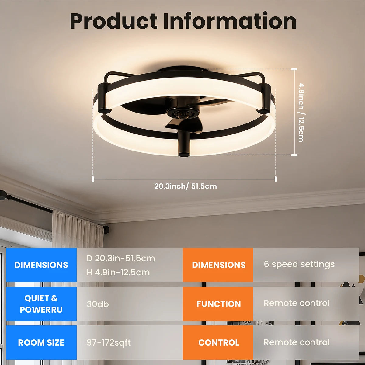 Ventilatore da soffitto rotondo Aiopp Ultra Quiet LED con luce e telecomando, 6 velocità, dimmerabile, motore DC reversibile, a basso profilo, per camera da letto, casa, cucina